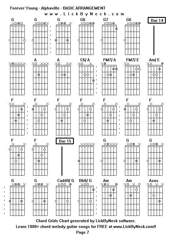 Chord Grids Chart of chord melody fingerstyle guitar song-Forever Young - Alphaville - BASIC ARRANGEMENT,generated by LickByNeck software.